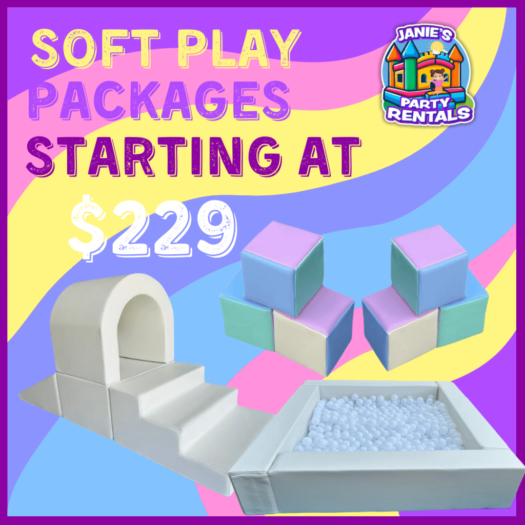 a poster for soft play rentals